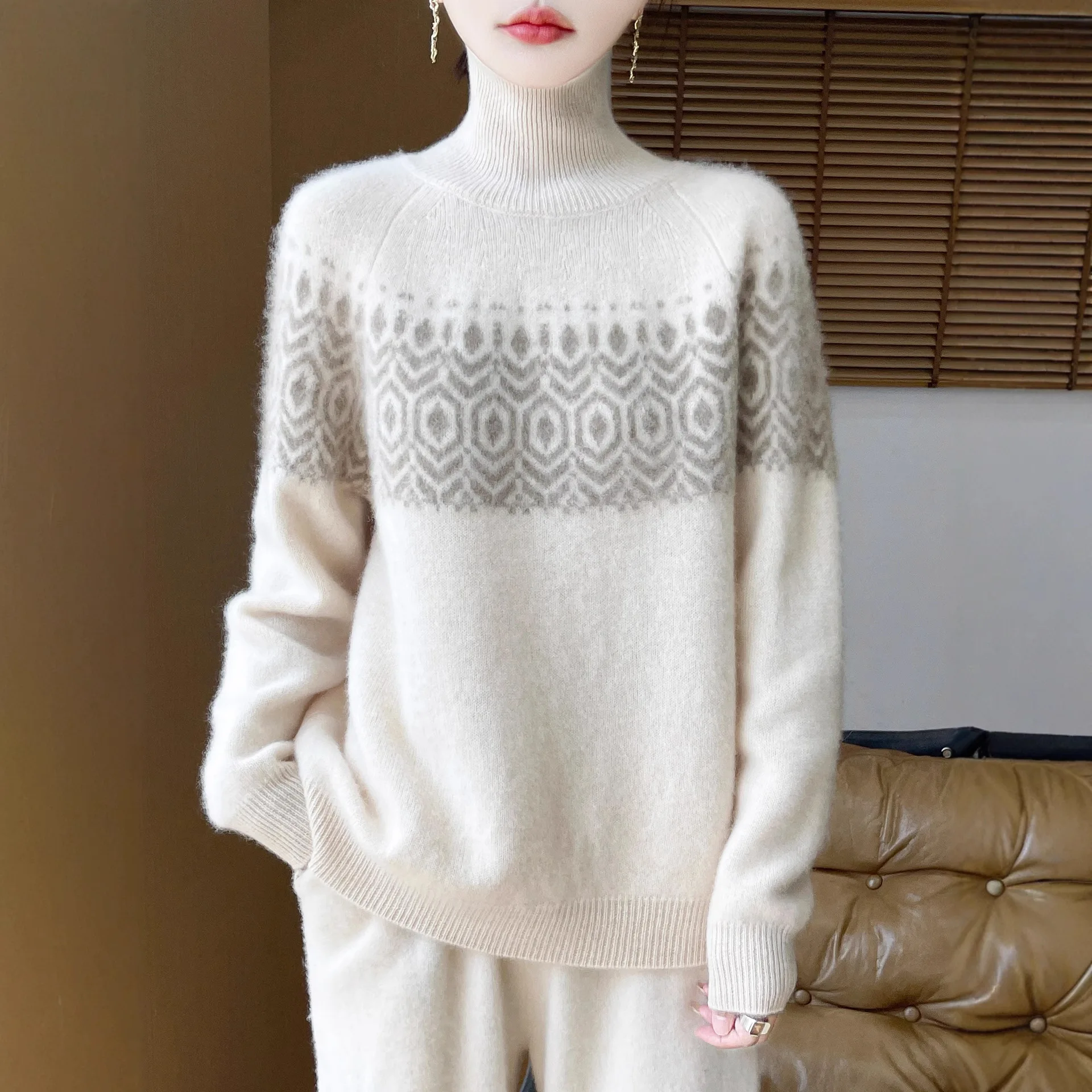 Women Sweater 100% Wool Thick Warm Turtleneck Knitted Bottoming Shirts Autumn Winter Loose Soft Pullovers Korean Fashion Jumpers