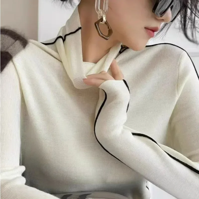 Fashion Turtleneck Pullovers Women 2023 New Autumn and Winter Slim Fit Long Sleeved Top Elegant Office Lady Sweaters Black White - Image 5