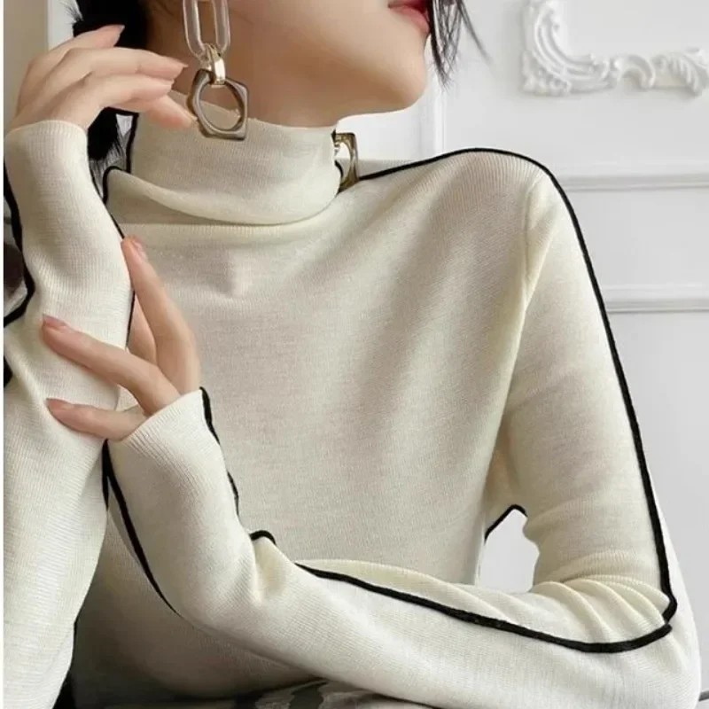 Fashion Turtleneck Pullovers Women 2023 New Autumn and Winter Slim Fit Long Sleeved Top Elegant Office Lady Sweaters Black White - Image 4