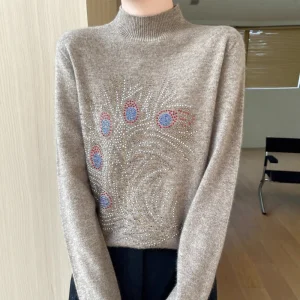 Women Sweater Beading Long Sleeve Mock Neck Long Sleeve Autumn Winter Warm Cashmere Loose Knit Pullovers Korean Fashion Jumper