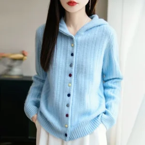 Hooded Cardigans Women 100% Wool Casual Autumn Winter Thick Warm Soft Korean Fashion Outerwear Knitted Single Breasted Sweater