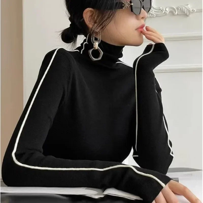 Fashion Turtleneck Pullovers Women 2023 New Autumn and Winter Slim Fit Long Sleeved Top Elegant Office Lady Sweaters Black White - Image 3