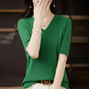 2025 Women Sweater Short Sleeve Spring Summer Knitwears Korean Fashion Stripe Pullovers Slim Fit Knit Tops Casual V-neck Jumpers