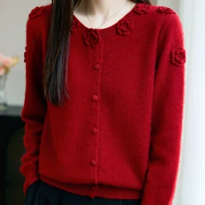 Women Cardigans 100% Wool Thick Warm Knitted Sweater O-neck Flowers Decoration Cardigan Single Breasted Korean Fashion Jumpers