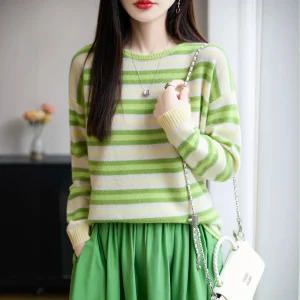 Women Sweater Striped 100% Wool Long Sleeve Pullovers Knitted Bottoming Shirts O-neck Casual Loose Warm Autumn Winter Jumpers
